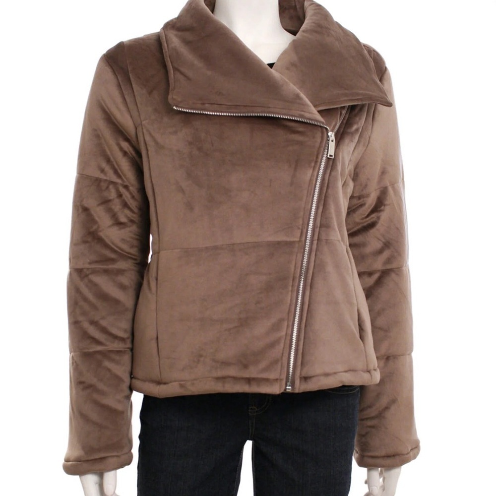 HyFve High Neck Asymmetrical Front Zip Puffer Jacket Brown Size Medium